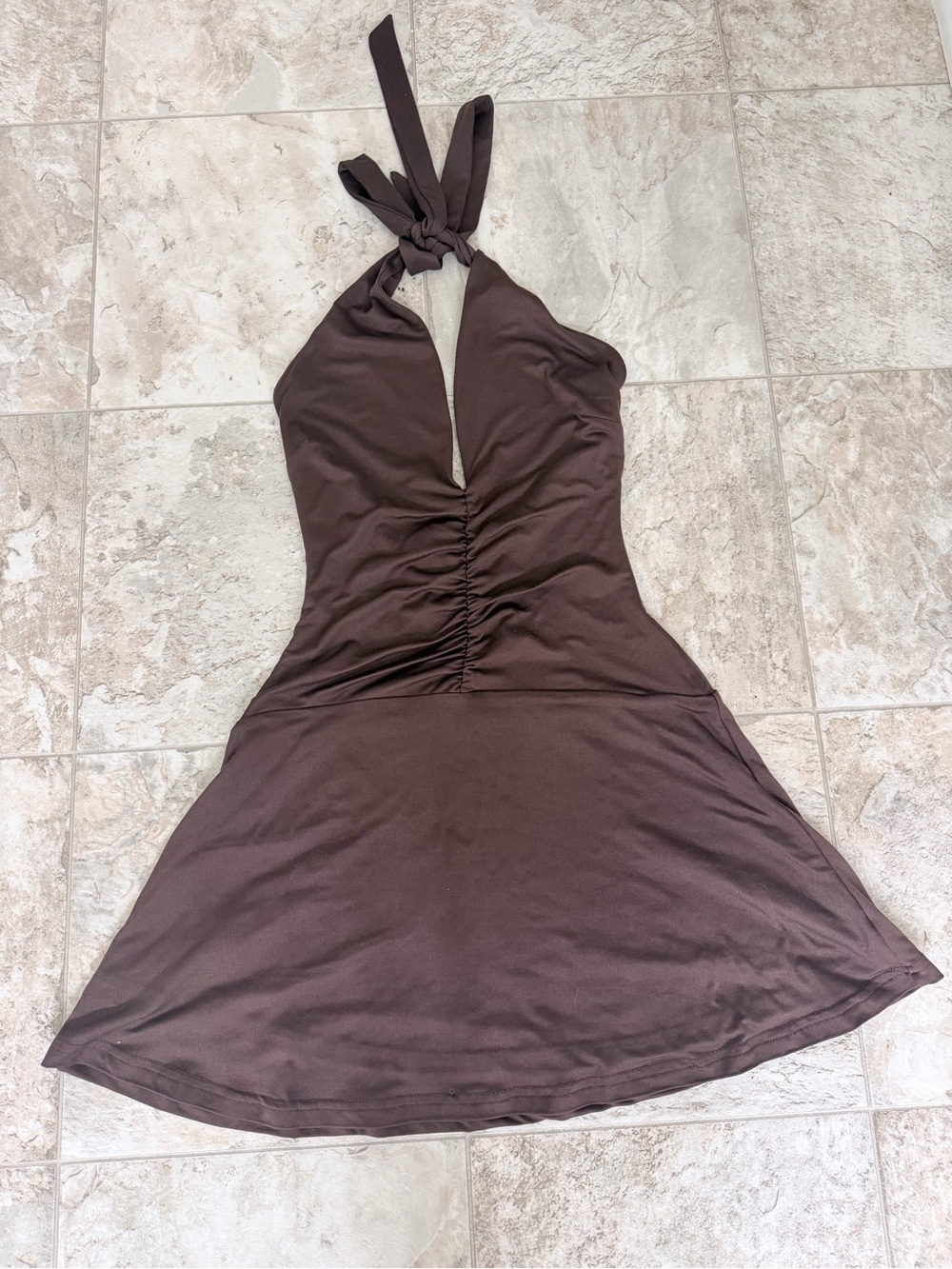 Full Tilt Brown Halter Ruched Mini Dress